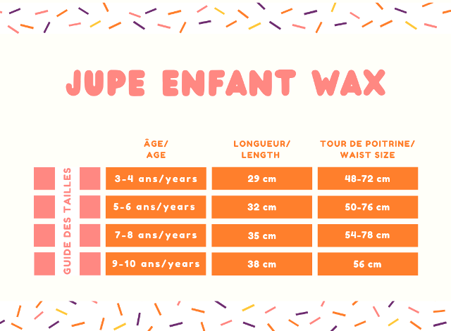 Tableau du guide des tailles des jupes pour enfant en tissu 100 % coton wax.